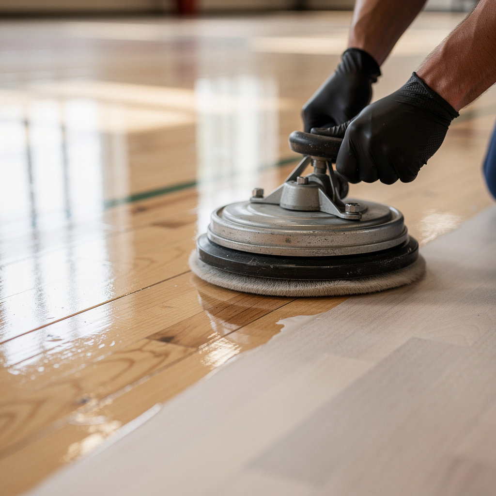 Custodial-PLUS Services gymnasium floor refinishing process in Goleta, CA, showing a durable, high-performance finish for schools and sports facilities