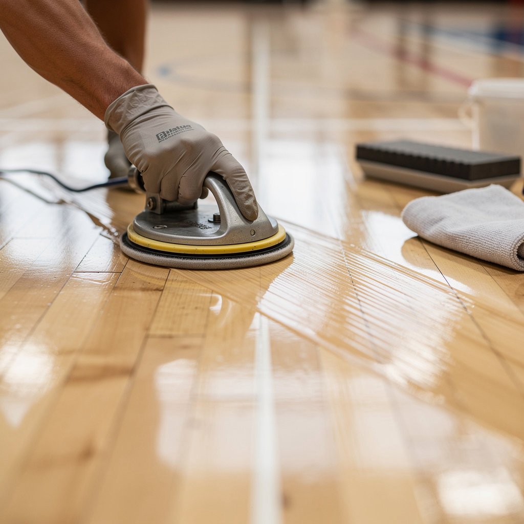 Custodial-PLUS Services expert applying gymnasium floor coating in Goleta, CA - professional refinishing process